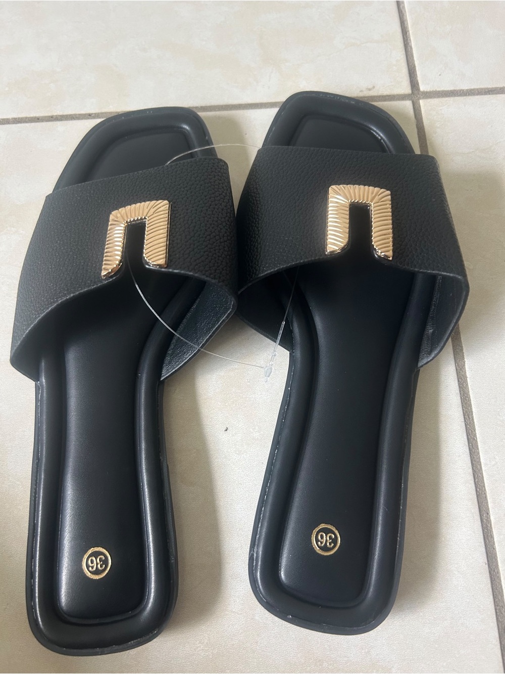 Black Slide Sandals with Gold Accent Hardware